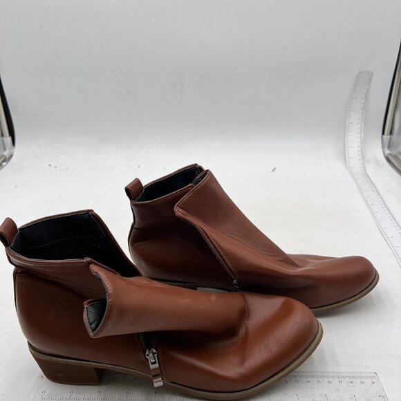 Women's Round Toe Leathers Stacked Heel Western Ankle Bootie Brown - Picture 3 of 7